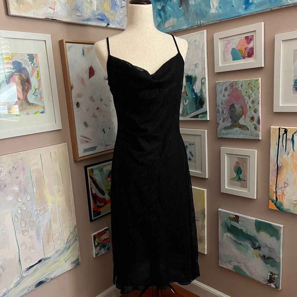 Whimsygoth Express Black Lace Slip Dress Y2K Cowl Neck Midi Witchy Fits XS/S